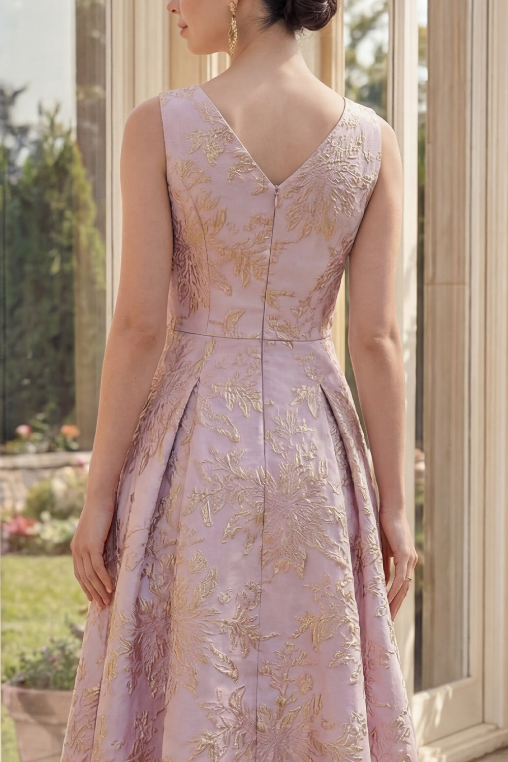 Dusty Lilac Jacquard Round Neck A Line Floral Maxi Wedding Guest Dress