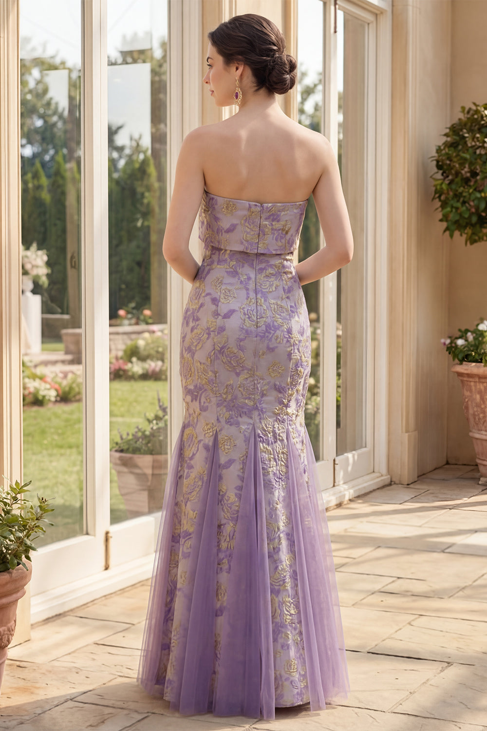 Dusty Lilac Jacquard Mermaid Strapless Long Floral Wedding Guest Dress