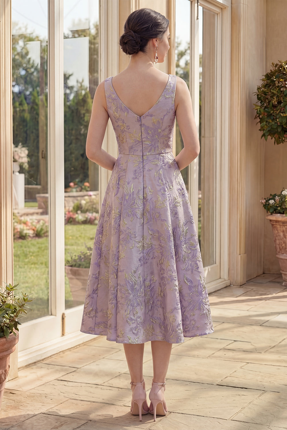 Dusty Lilac Jacquard A Line Thick Straps Maxi Floral Wedding Guest Dress