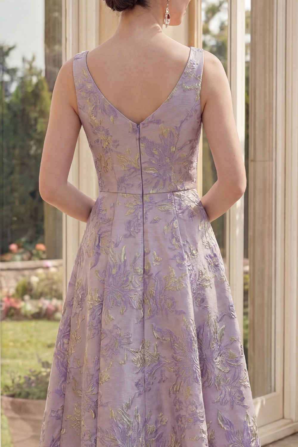 Dusty Lilac Jacquard A Line Boat Neck Floral Midi Wedding Guest Dress