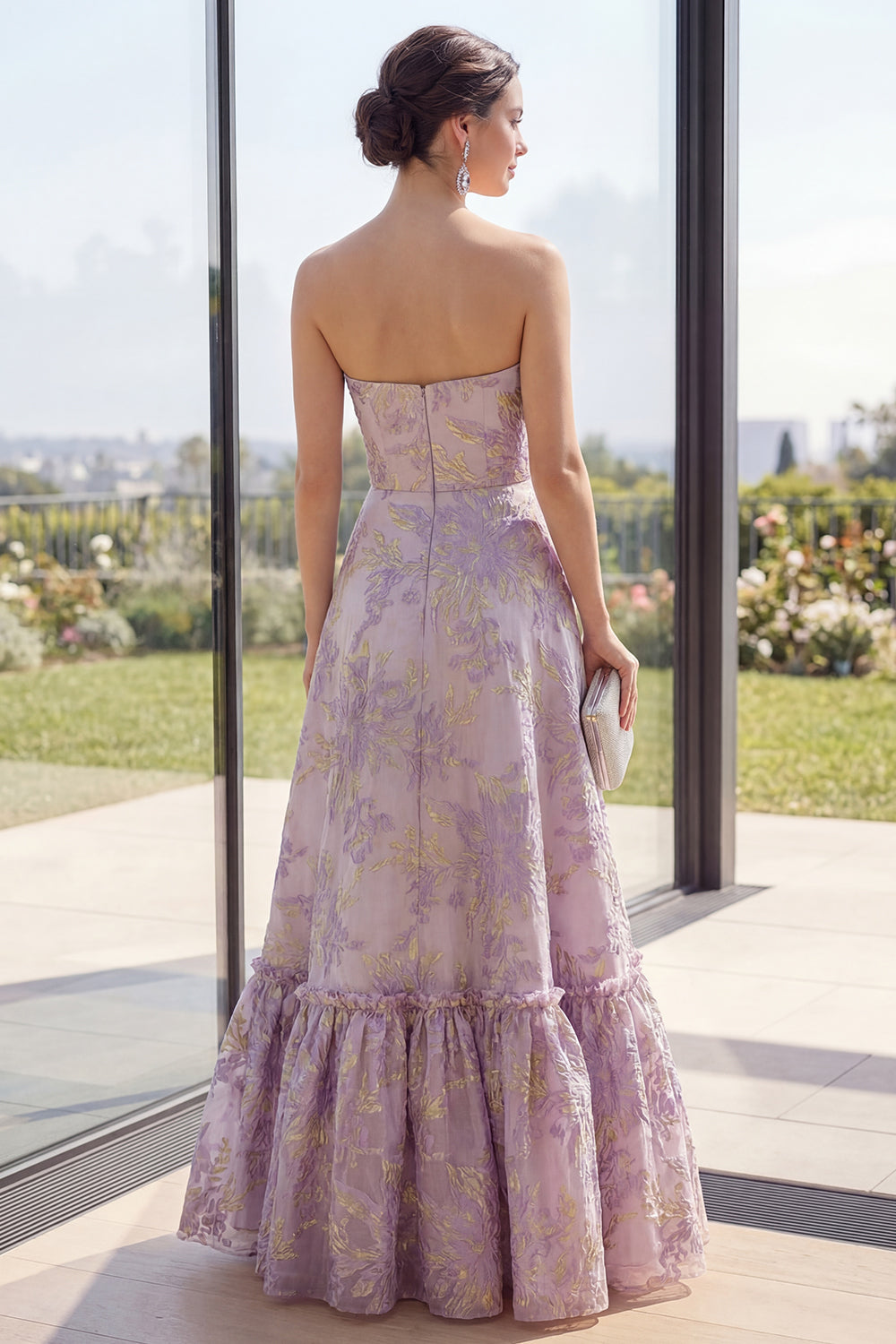Dusty Lilac Floral Strapless Jacquard A Line Long Wedding Guest Dress
