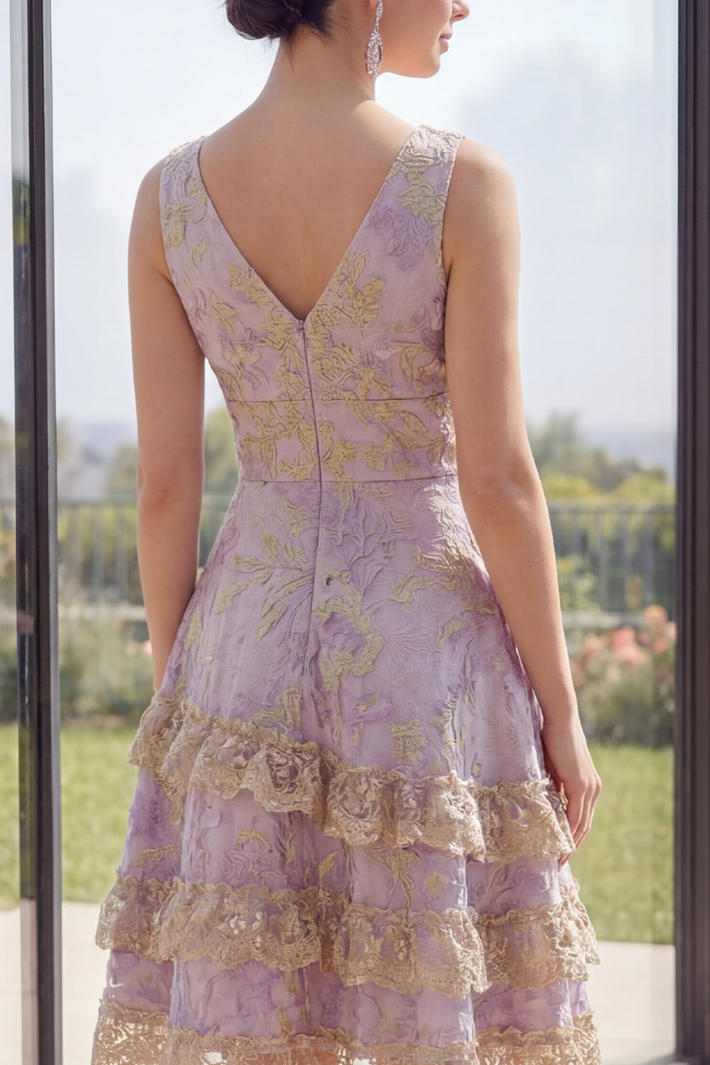 Dusty Lilac A Line Ruffled Jacquard Mini Wedding Guest Dress with Lace