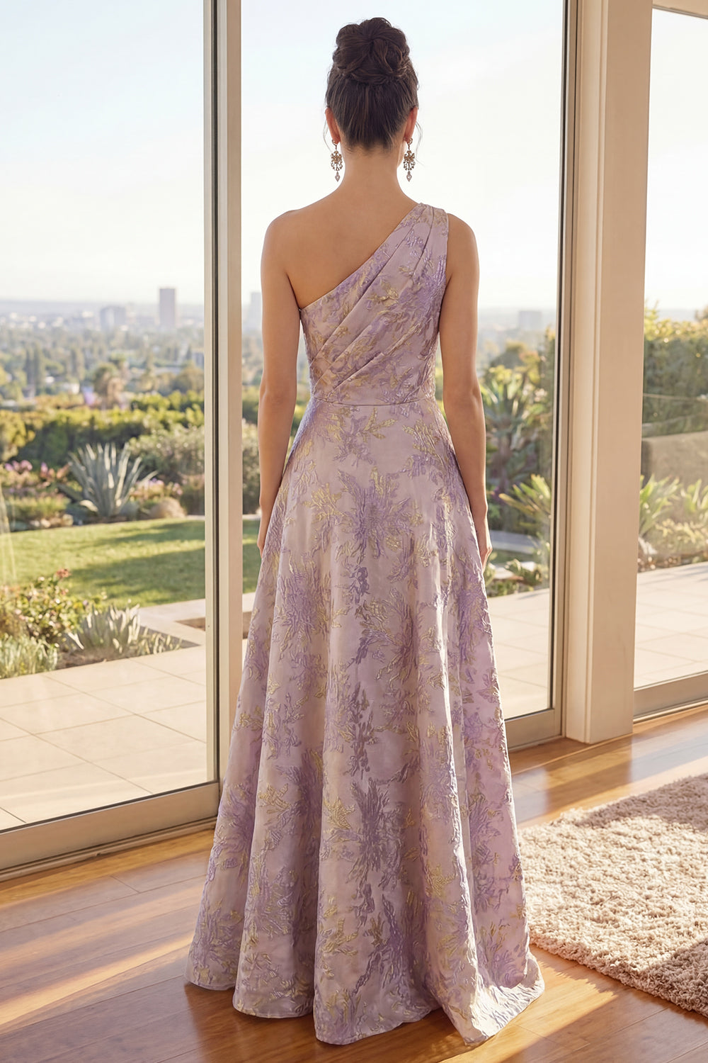 One Shoulder Dusty Lilac Jacquard A Line Floral Long Wedding Guest Dress