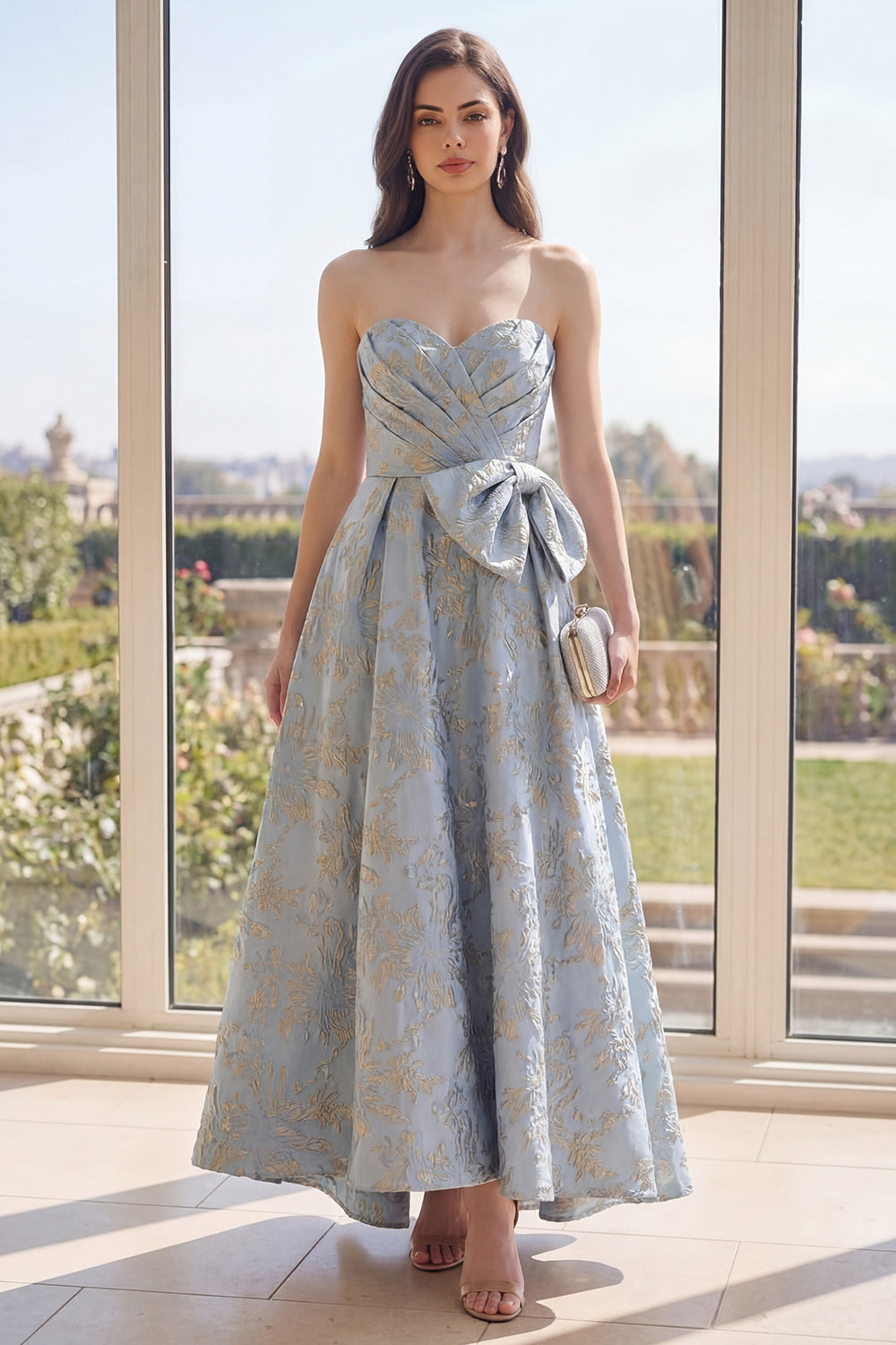 Dusty Blue Sweethwaer Jacquard A Line Long Wedding Guest Dress with Bow