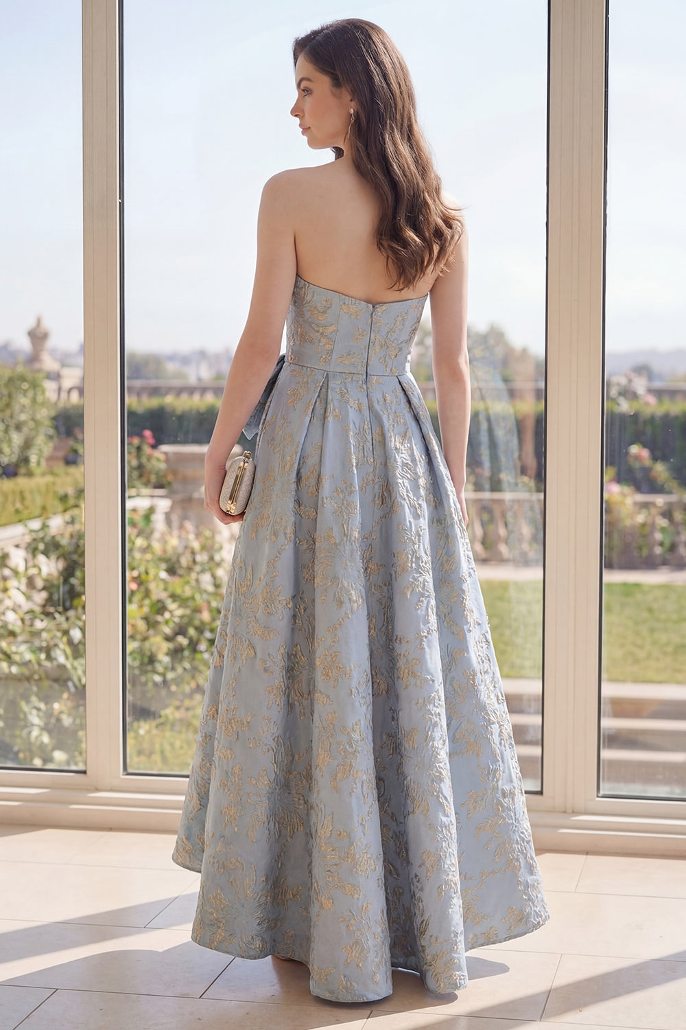 Dusty Blue Sweethwaer Jacquard A Line Long Wedding Guest Dress with Bow