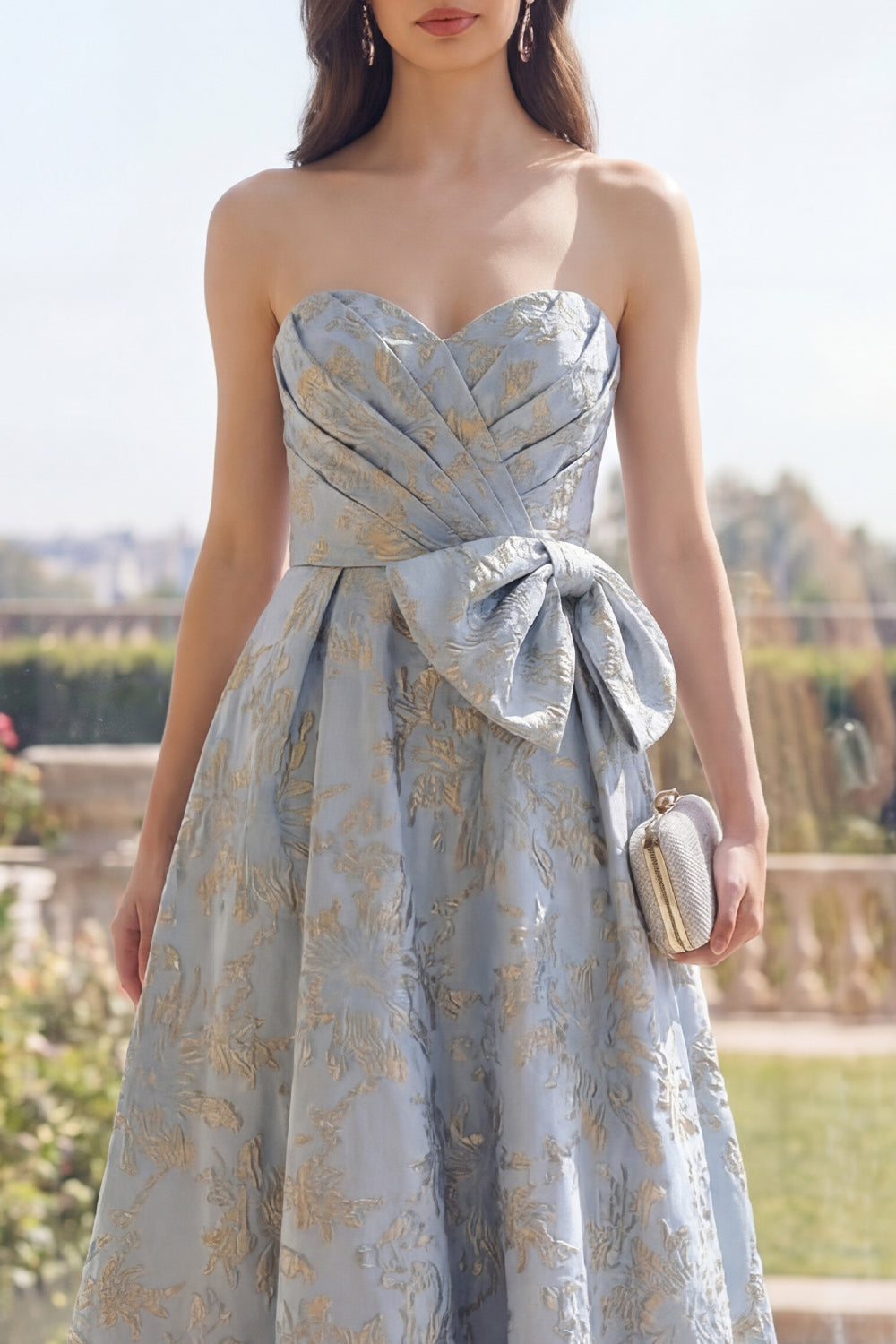 Dusty Blue Sweethwaer Jacquard A Line Long Wedding Guest Dress with Bow