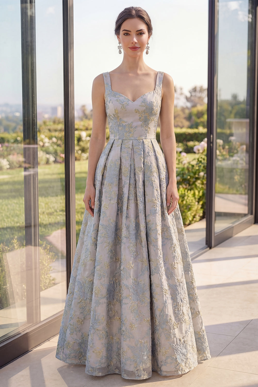 Dusty Blue Thick Straps Jacquard A Line Long Floral Wedding Guest Dress
