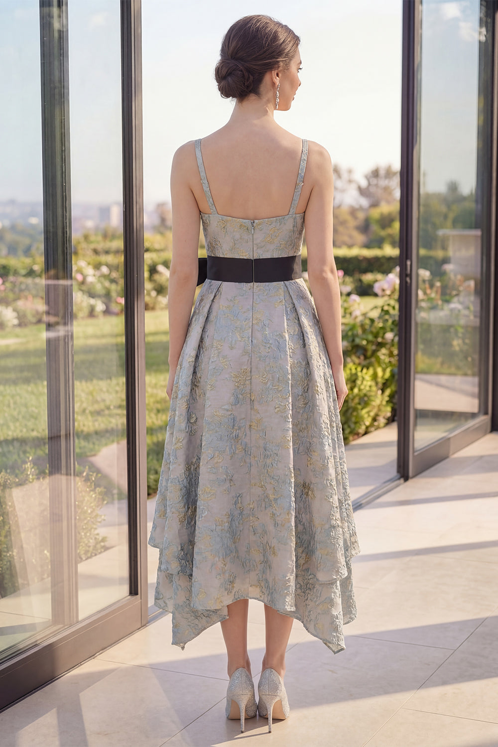 Dusty Blue Jacquard A Line Floral Asymmetrical Wedding Guest Dress with Bow