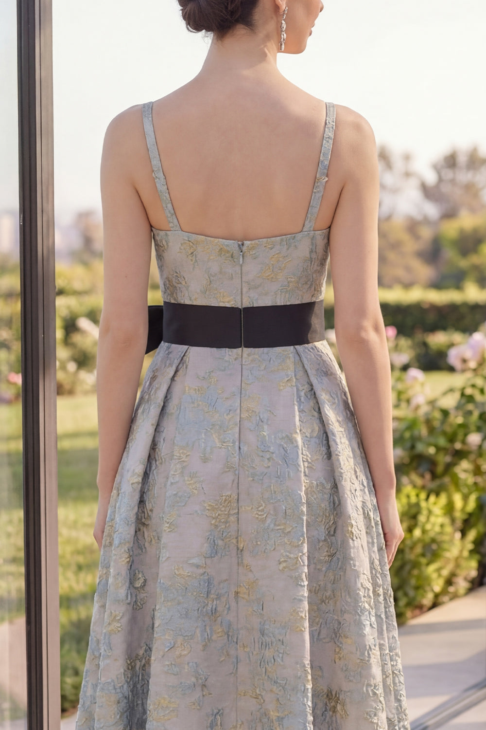 Dusty Blue Jacquard A Line Floral Asymmetrical Wedding Guest Dress with Bow