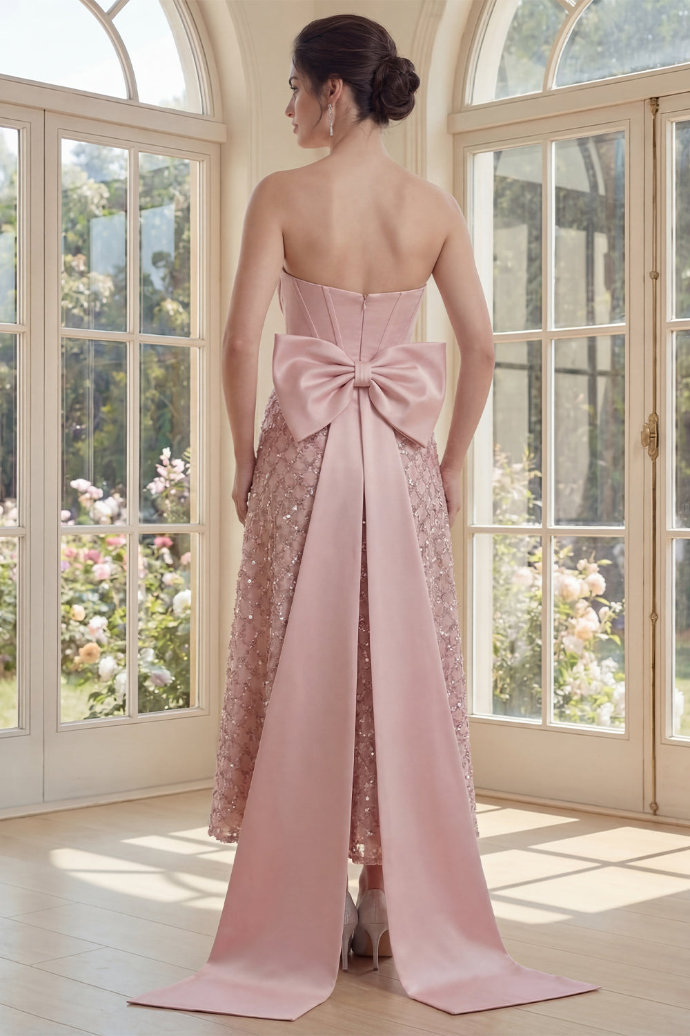 Sparkly Blush A Line Sequins Corset Maxi Wedding Guest Dress with Bow