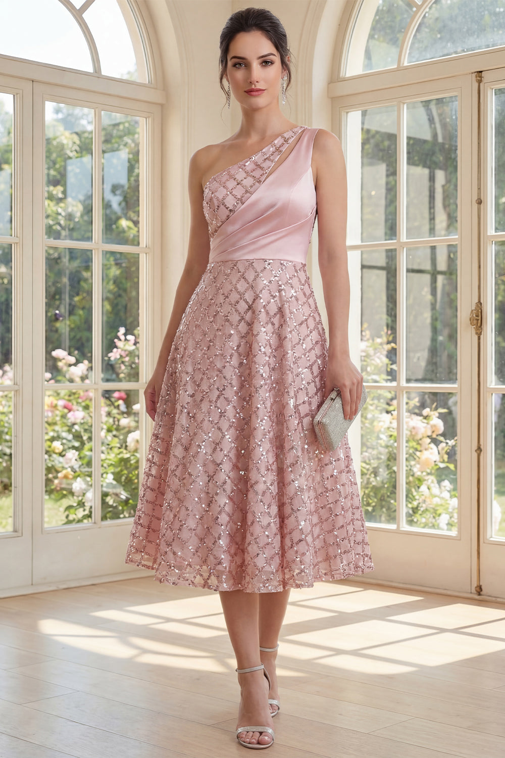 Sparkly Blush Sequins A Line One Shoulder Midi Wedding Guest Dress