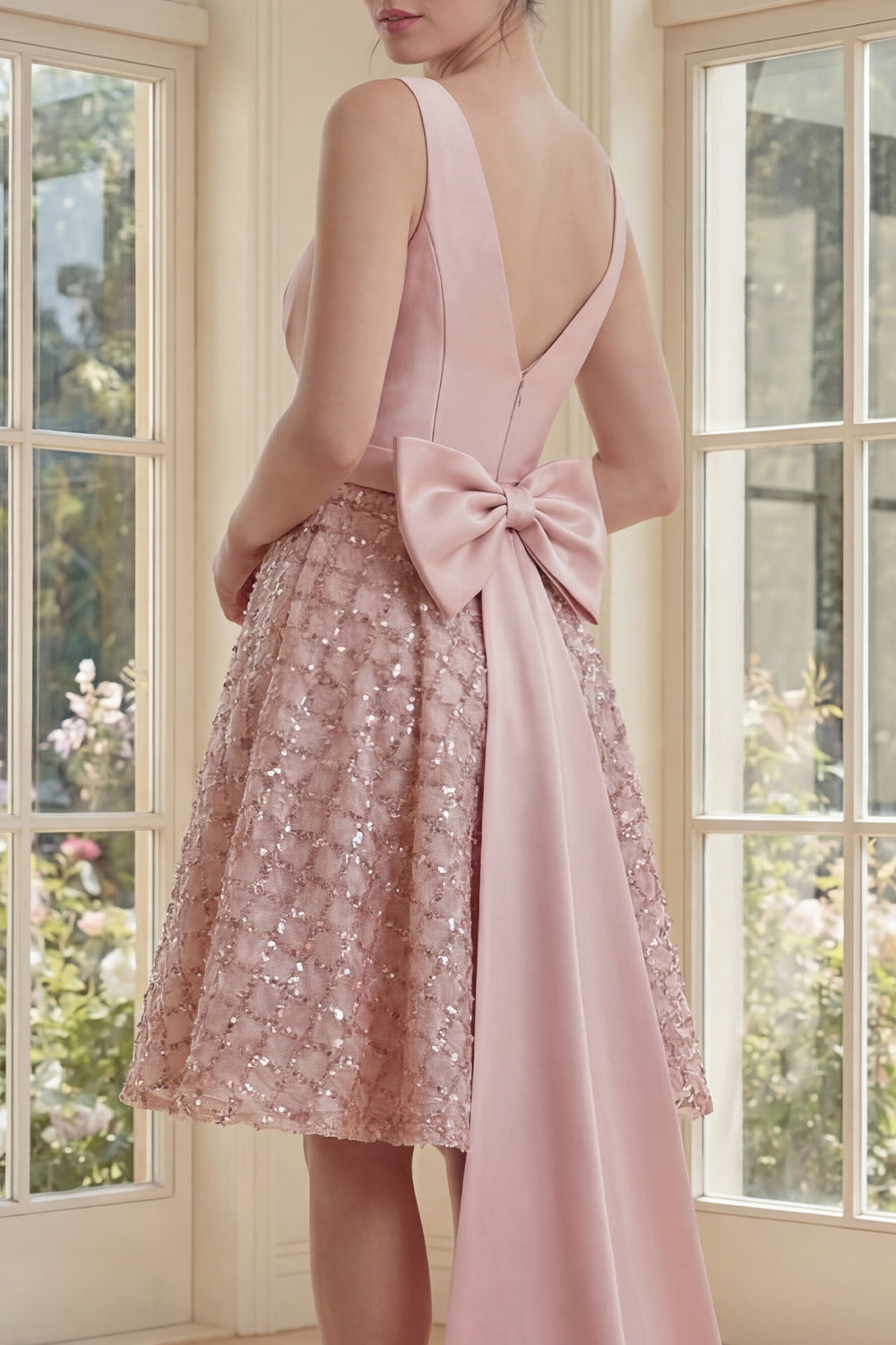 Sparkly A Line Blush V Neck Sequins Bodycon Midi Wedding Guest Dress with Bow