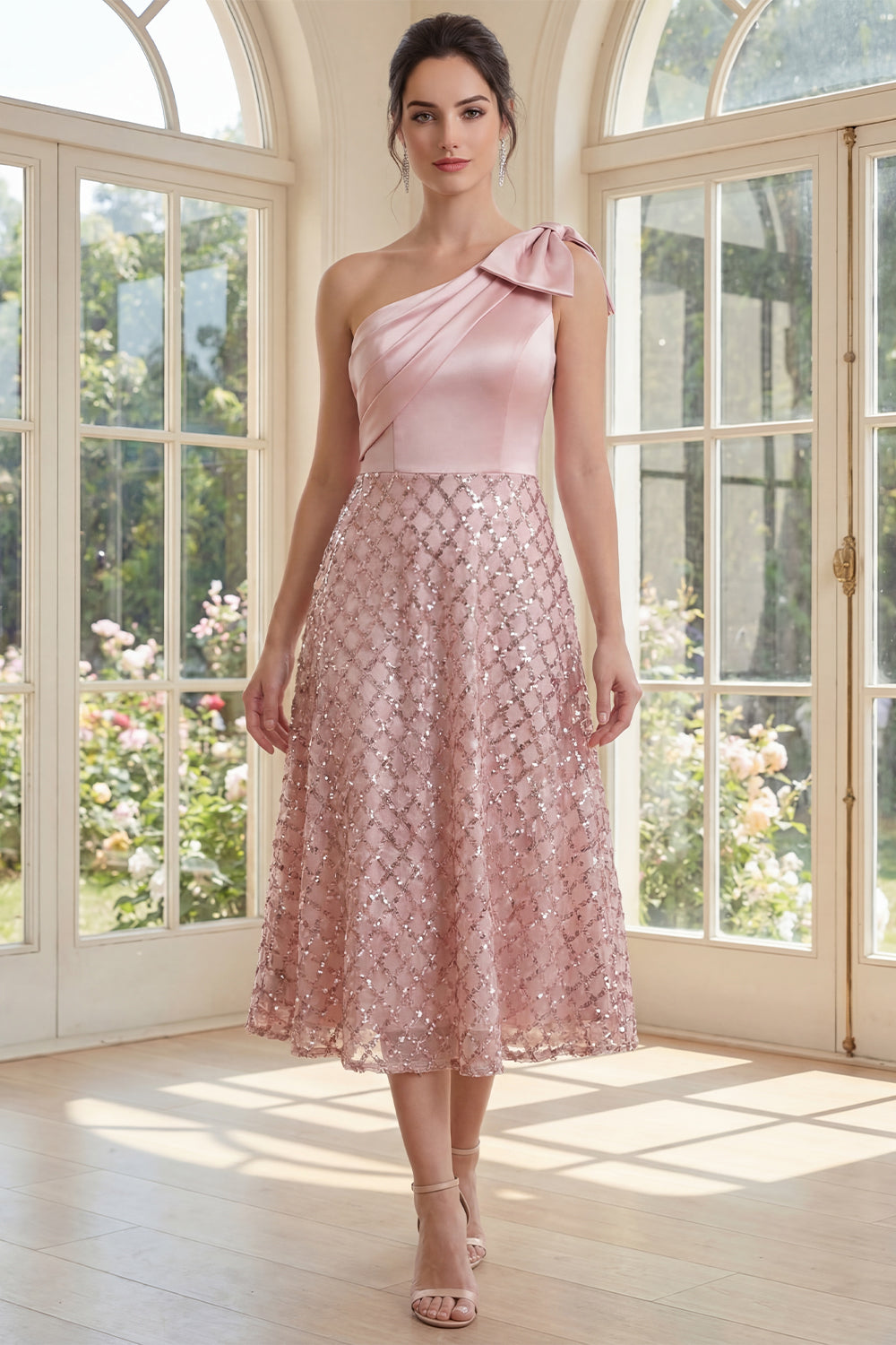 Sparkly Blush Sequins One Shoulder A Line Midi Wedding Guest Dress with Bow