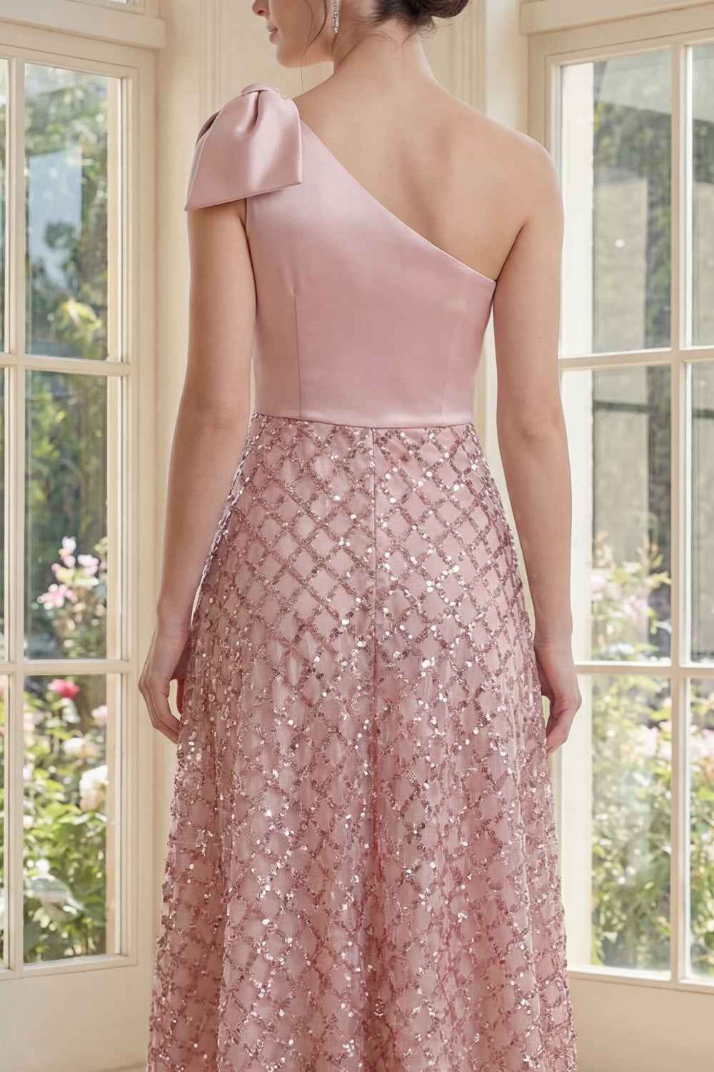 Sparkly Blush Sequins One Shoulder A Line Midi Wedding Guest Dress with Bow