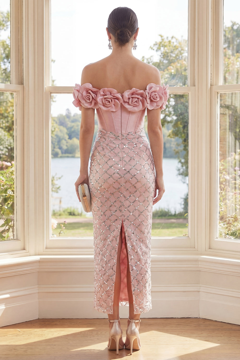 Sparkly Blush Corset Sequins Floral Sheath Maxi Wedding Guest Dress