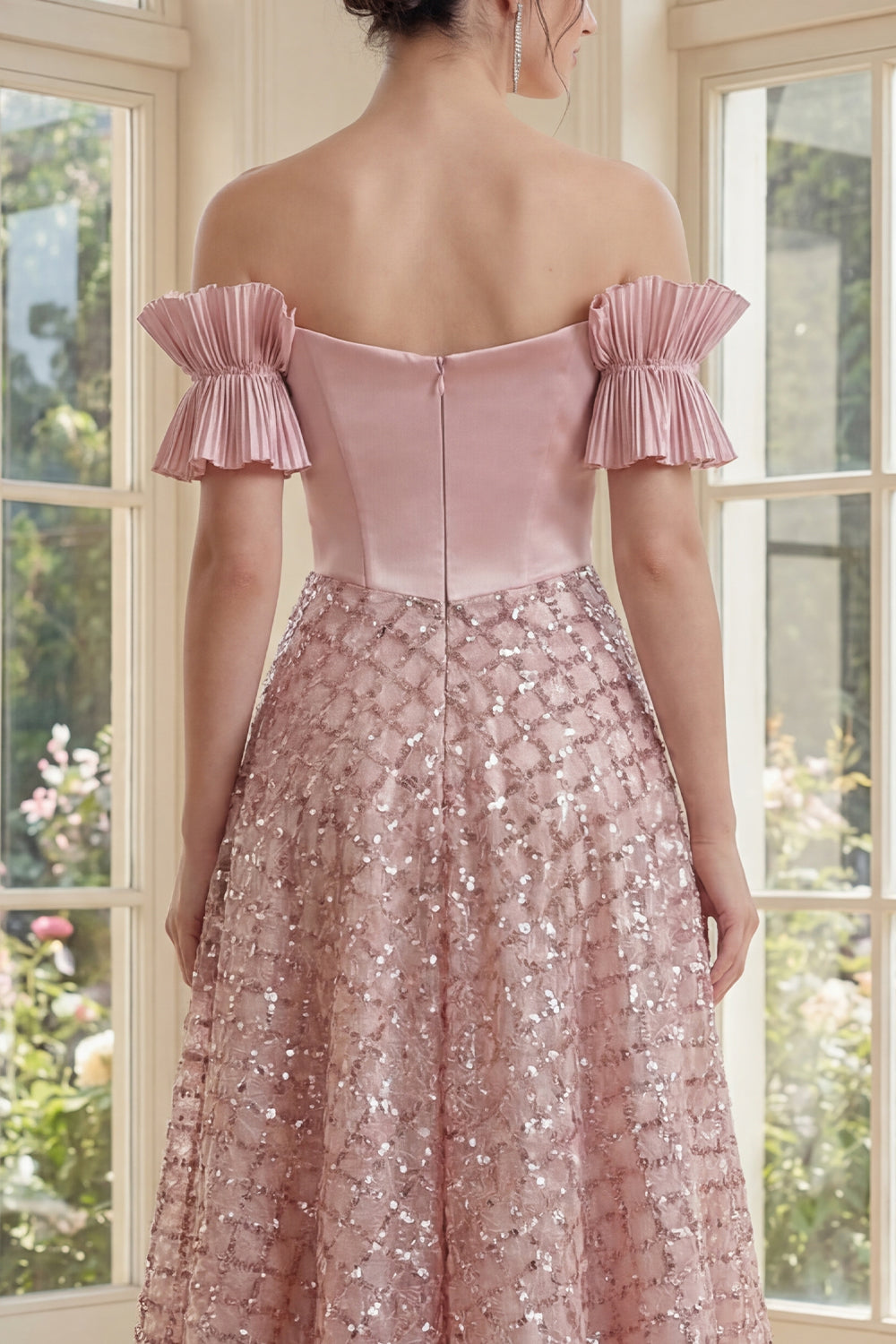 Sparkly Blush Ruffled A Line Sequins Corset Maxi Wedding Guest Dress with Bow