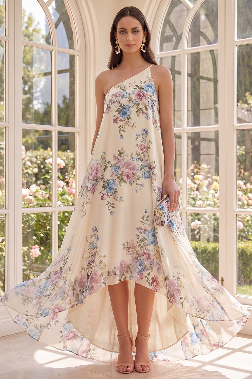 Apricot One Shoulder A Line Floral High Low Wedding Guest Dress