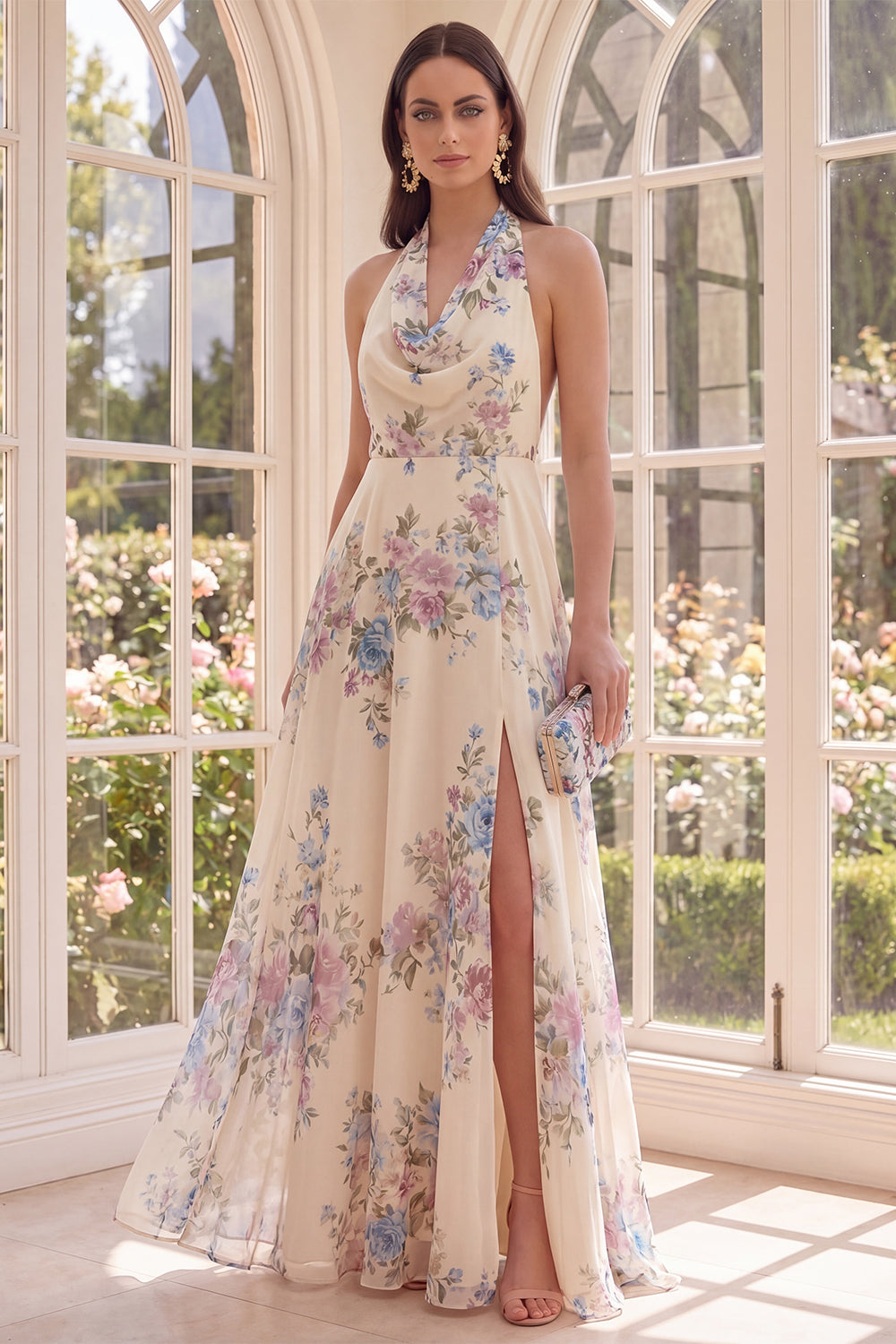 Apricot Floral Halter Backless A Line Maxi Wedding Guest Dress with Slit