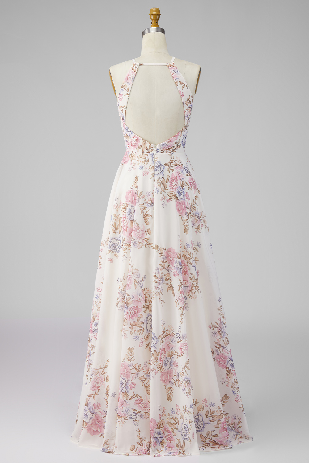 Apricot A Line Halter Floral Ruffled Open Back Maxi Wedding Guest Dress with Slit