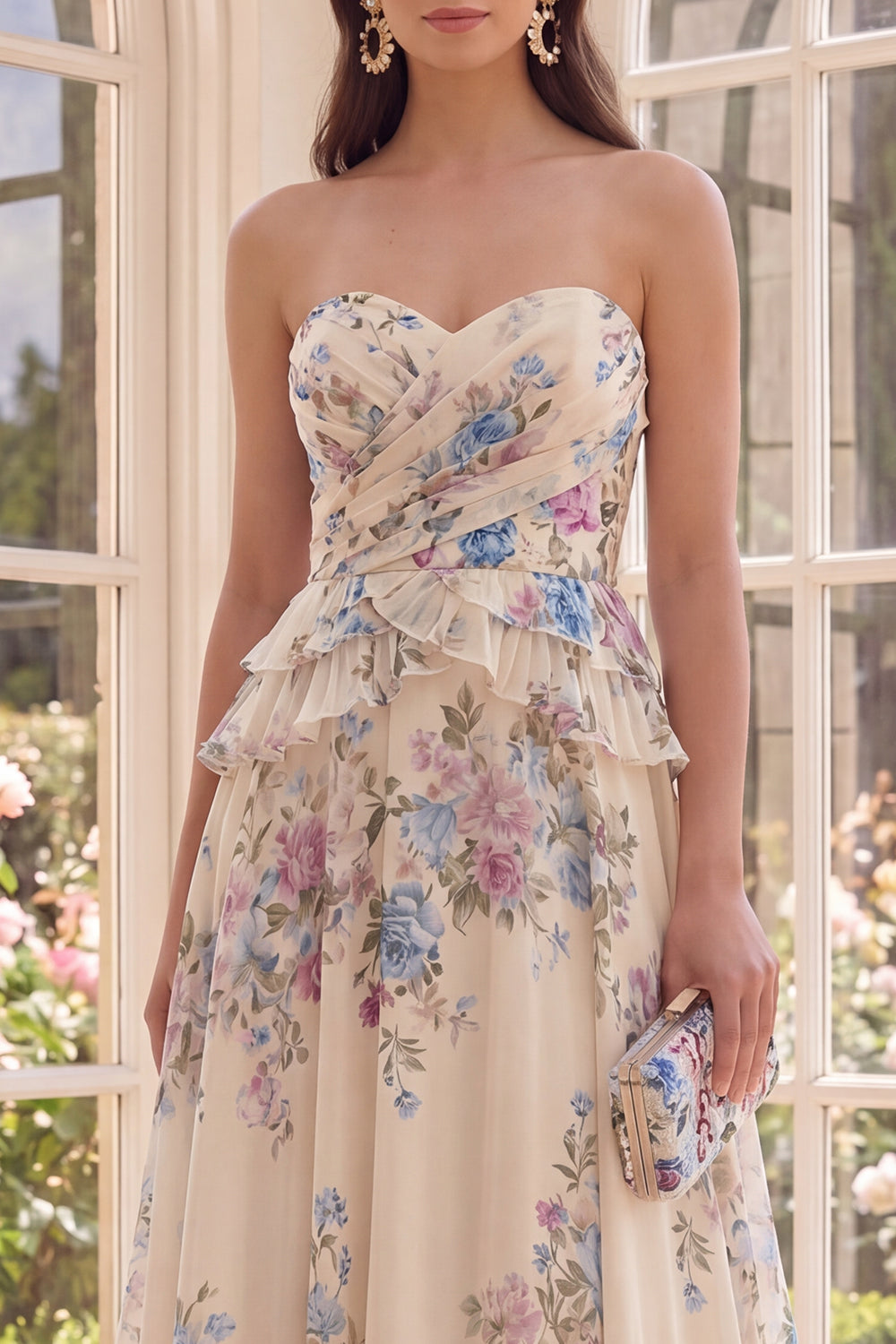 Apricot Floral A Line Basque Waist Beach Maxi Wedding Guest Dress with Ruffles