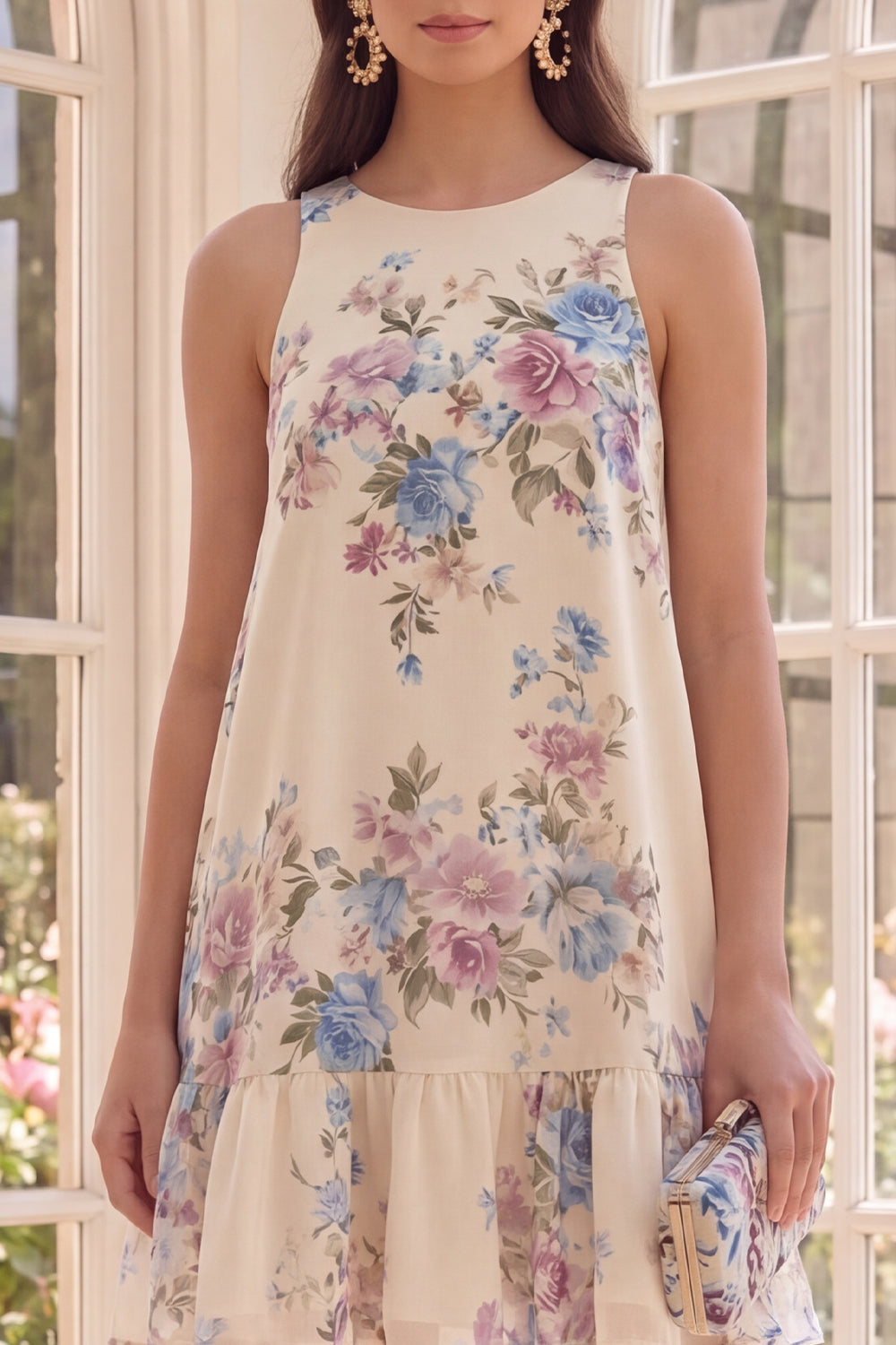 Apricot Floral A Line Round Neck Short Beach Wedding Guest Dress