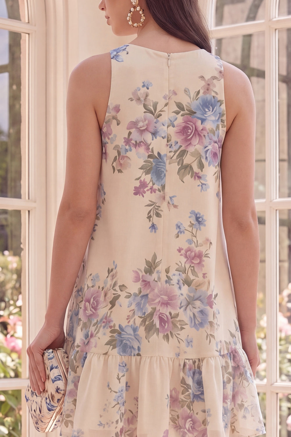 Apricot Floral A Line Round Neck Short Beach Wedding Guest Dress