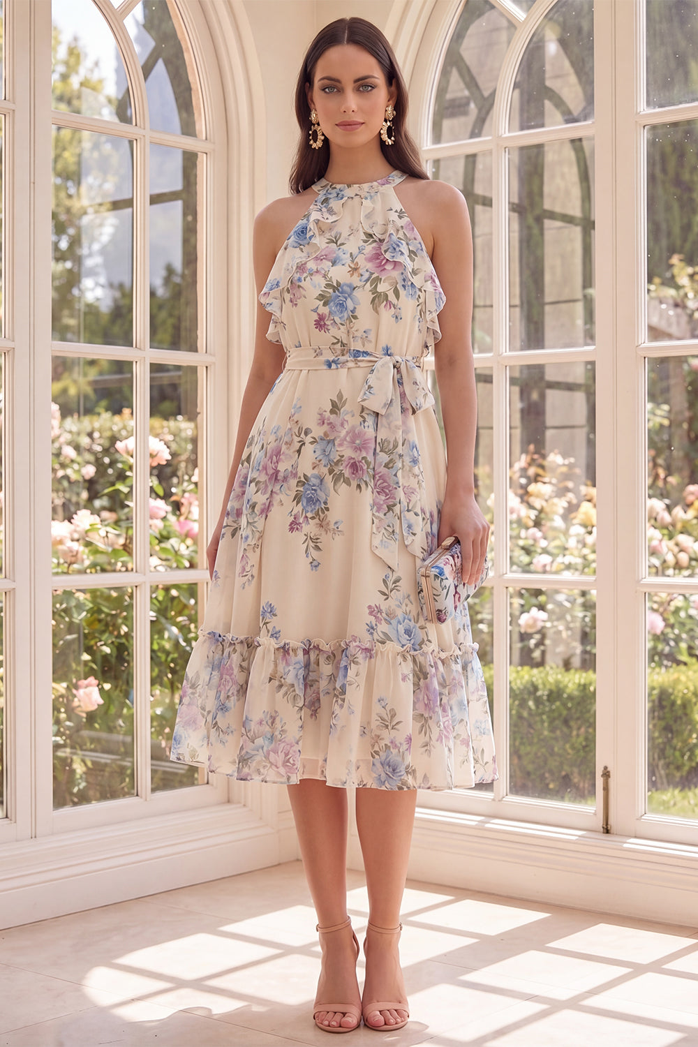 Apricot A Line Ruffled Floral Halter Midi Wedding Guest Dress with Bow