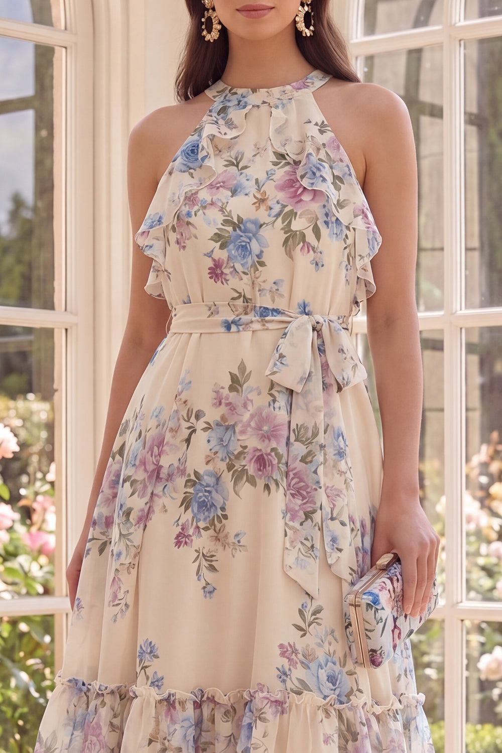 Apricot A Line Ruffled Floral Halter Midi Wedding Guest Dress with Bow