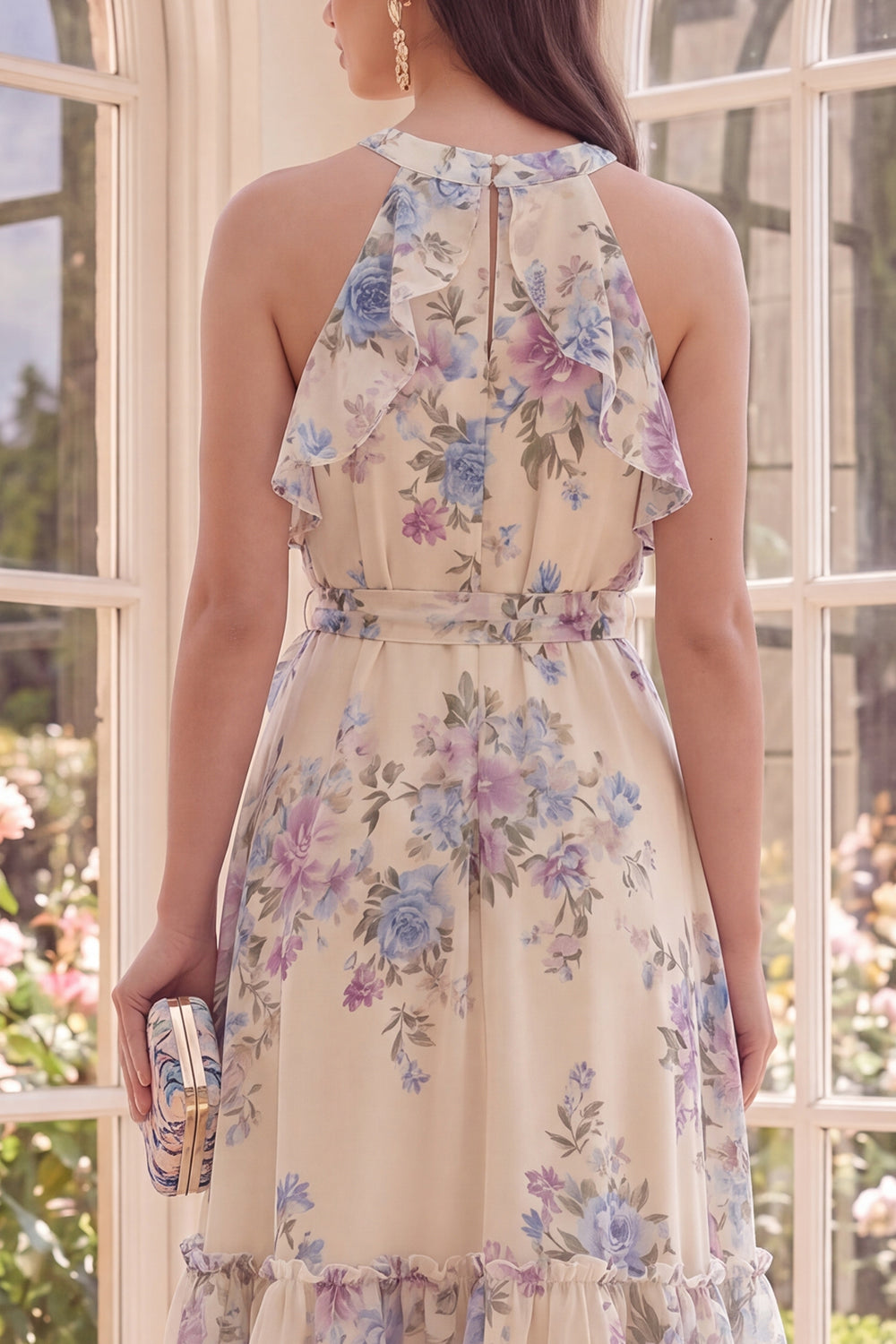 Apricot A Line Ruffled Floral Halter Midi Wedding Guest Dress with Bow