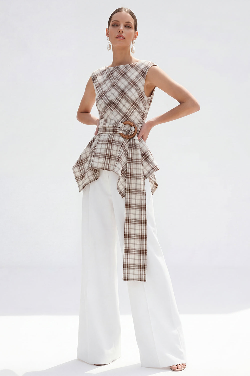 Brown Grid 2 Piece Wide Leg Boat Neck Business Suits with Belt
