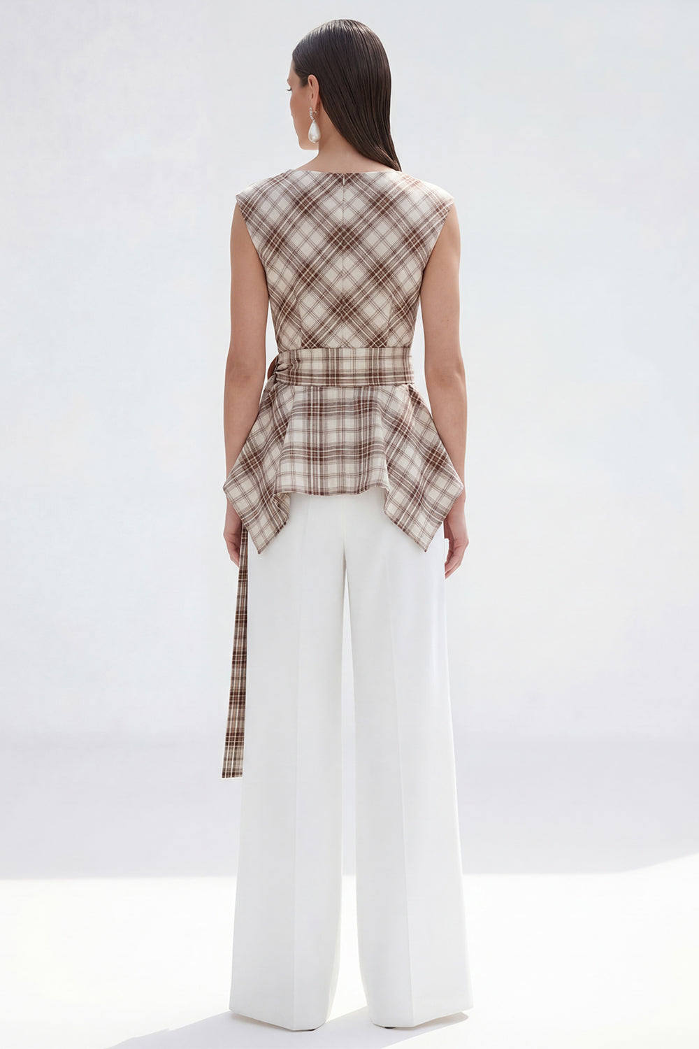 Brown Grid 2 Piece Wide Leg Boat Neck Business Suits with Belt