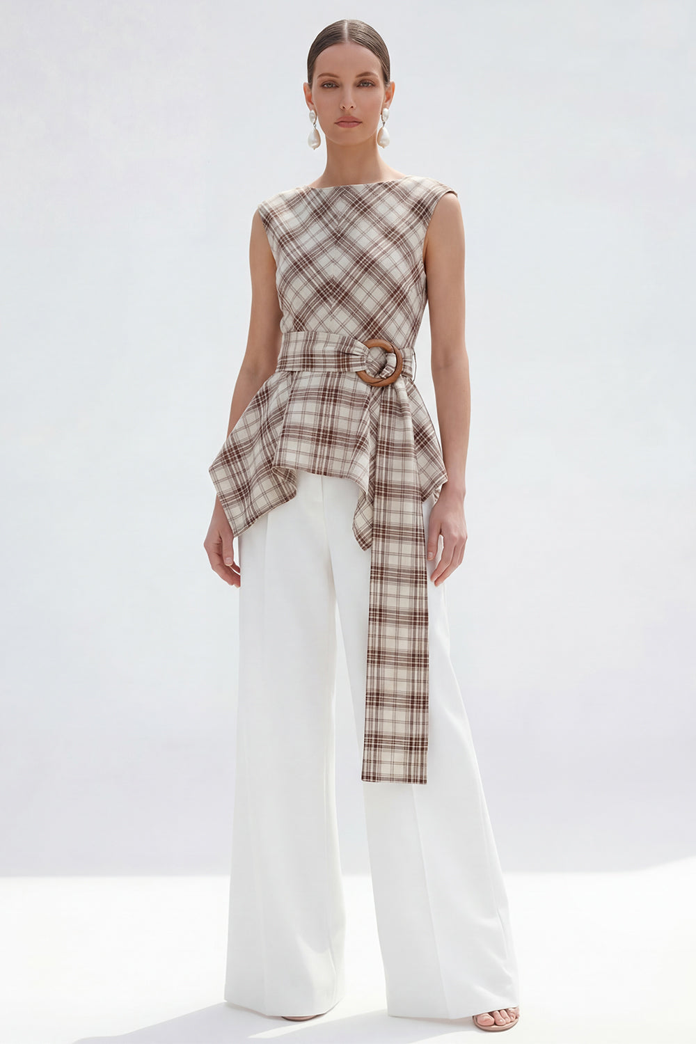 Brown Grid 2 Piece Wide Leg Boat Neck Business Suits with Belt