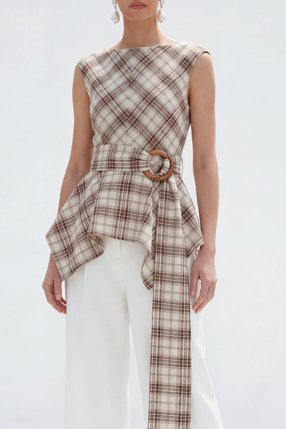 Brown Grid 2 Piece Wide Leg Boat Neck Business Suits with Belt