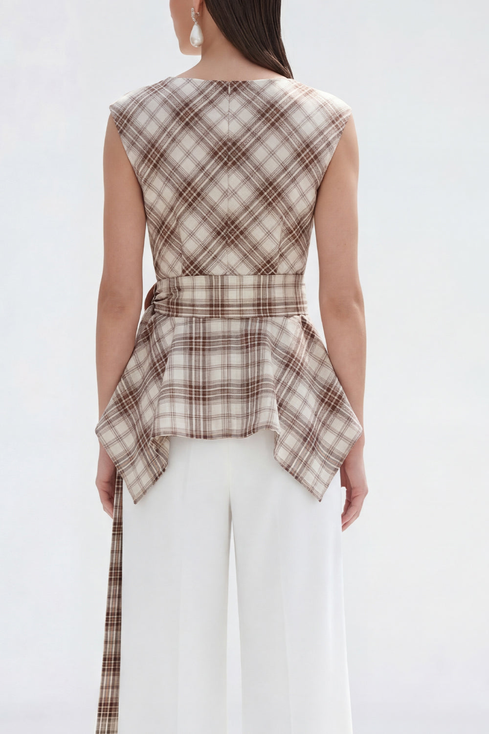 Brown Grid 2 Piece Wide Leg Boat Neck Business Suits with Belt
