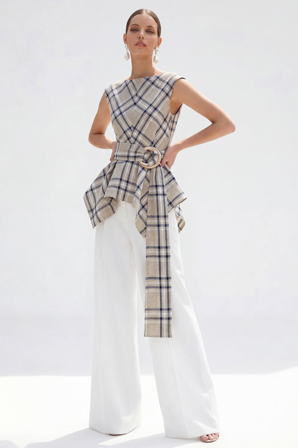 Brown Grid 2 Piece Wide Leg Boat Neck Business Suits with Belt