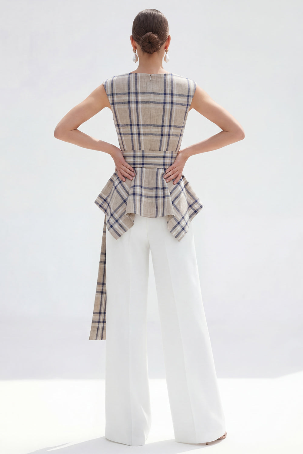 Brown Grid 2 Piece Wide Leg Boat Neck Business Suits with Belt