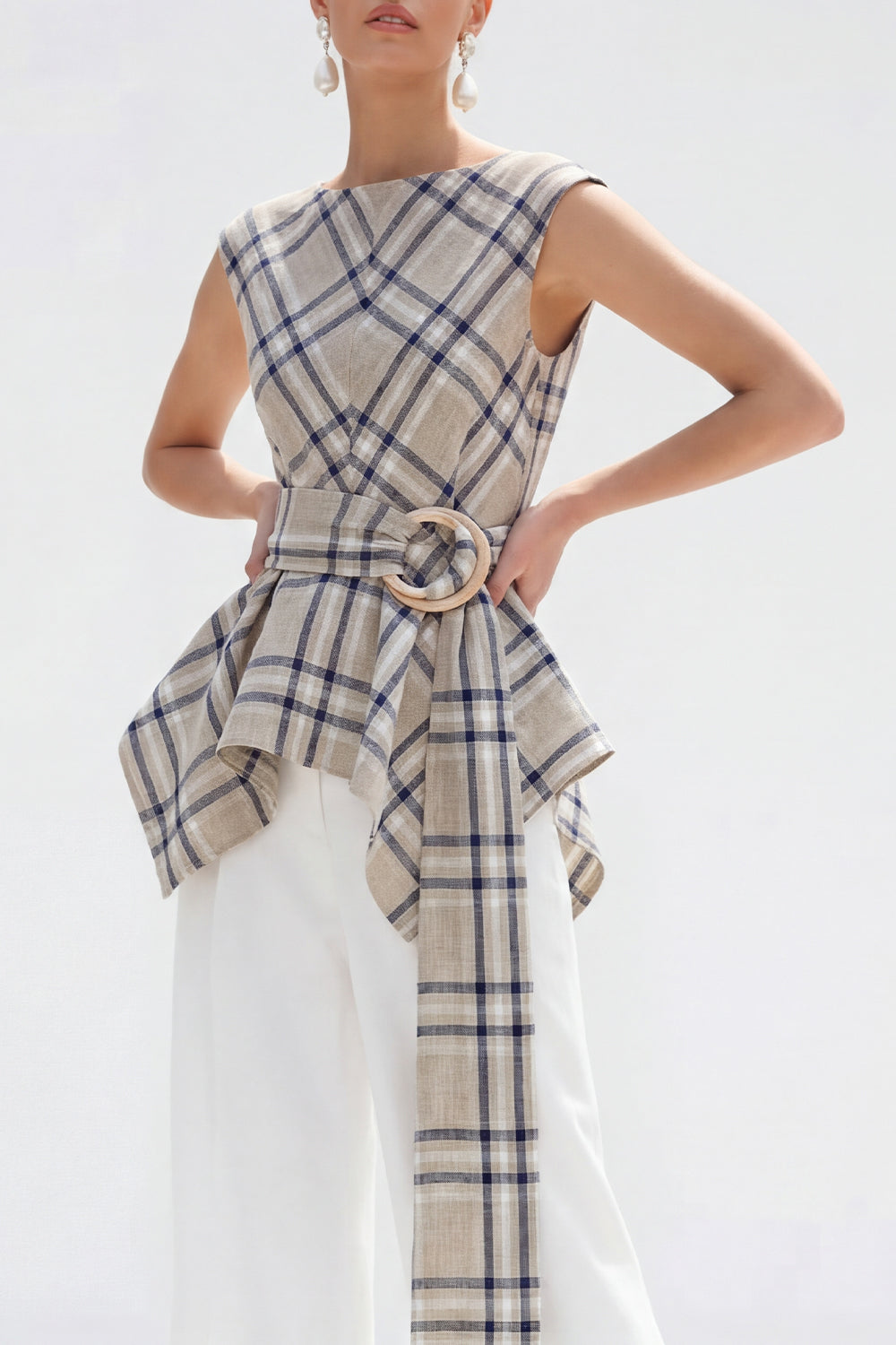 Brown Grid 2 Piece Wide Leg Boat Neck Business Suits with Belt