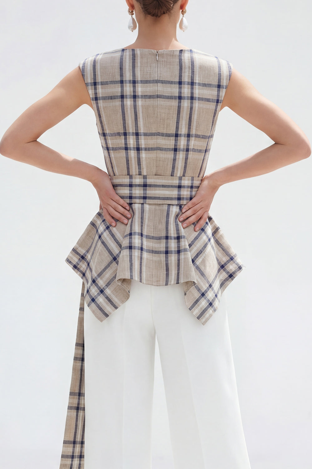 Brown Grid 2 Piece Wide Leg Boat Neck Business Suits with Belt