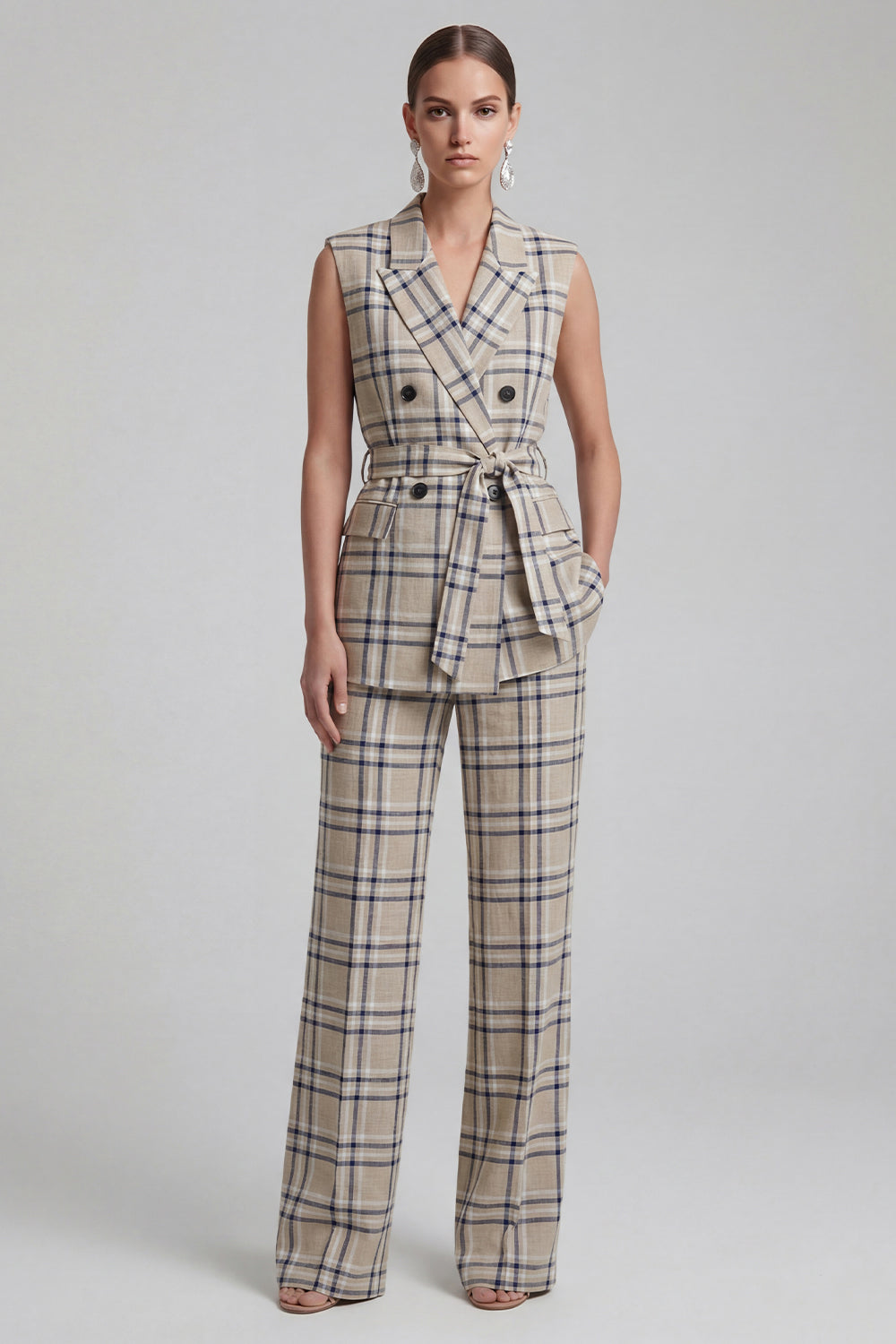 Grey Grid 2 Piece Double Breasted Peak Lapel Business Suits with Pockets
