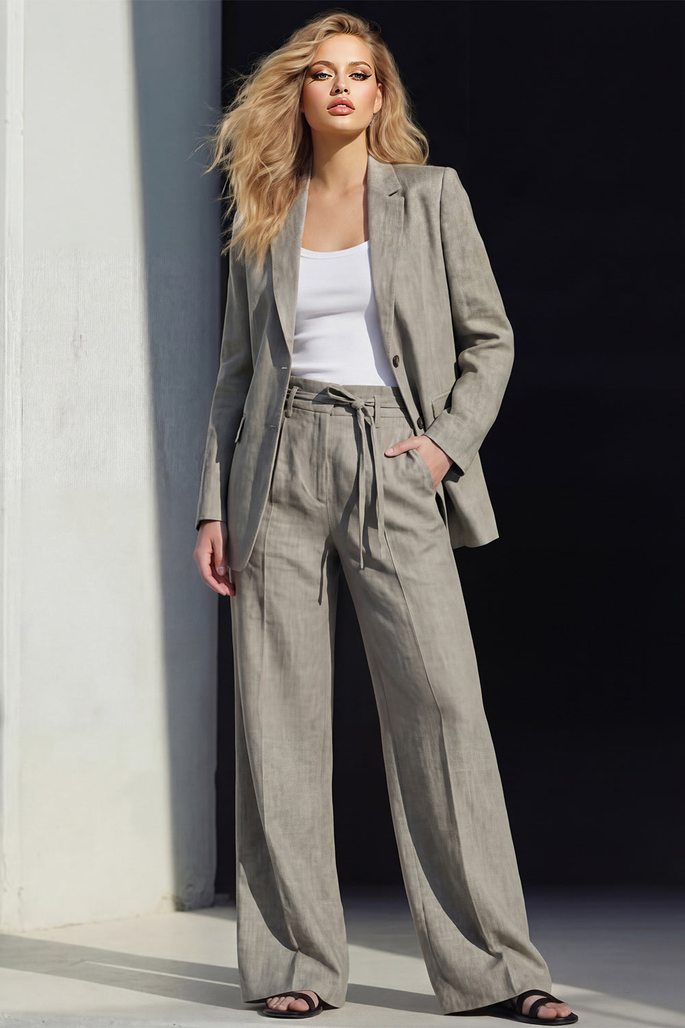 Grey 2 Piece Notched Lapel Long Sleeves Business Suits with Pockets