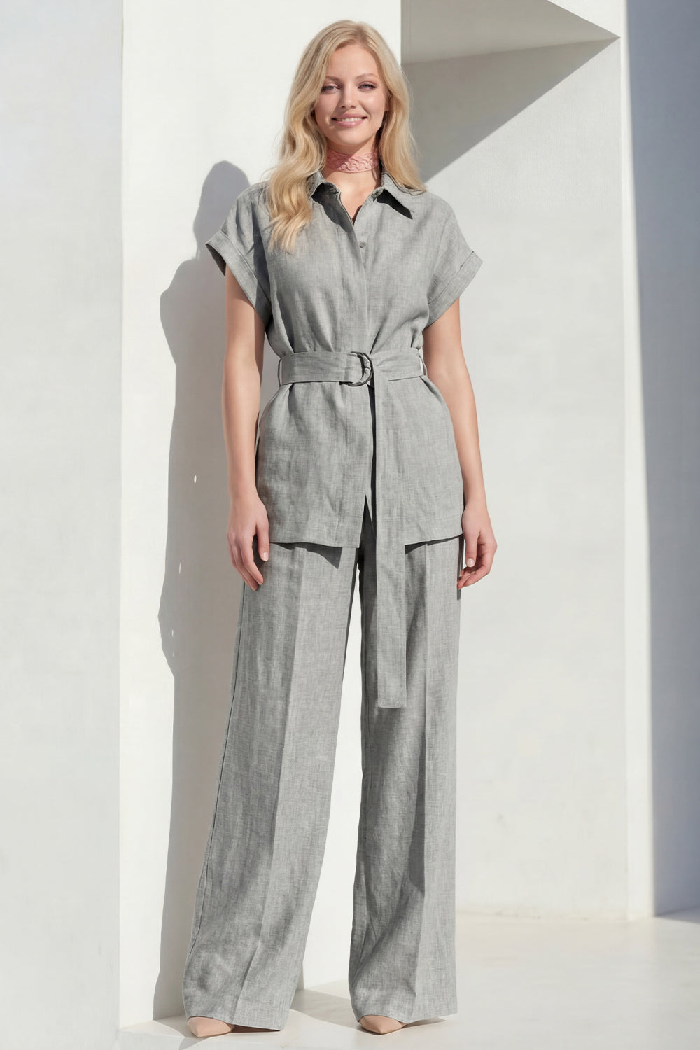 Grey 2 Piece Short Sleeves Wide Leg Women Business Suits with Belt