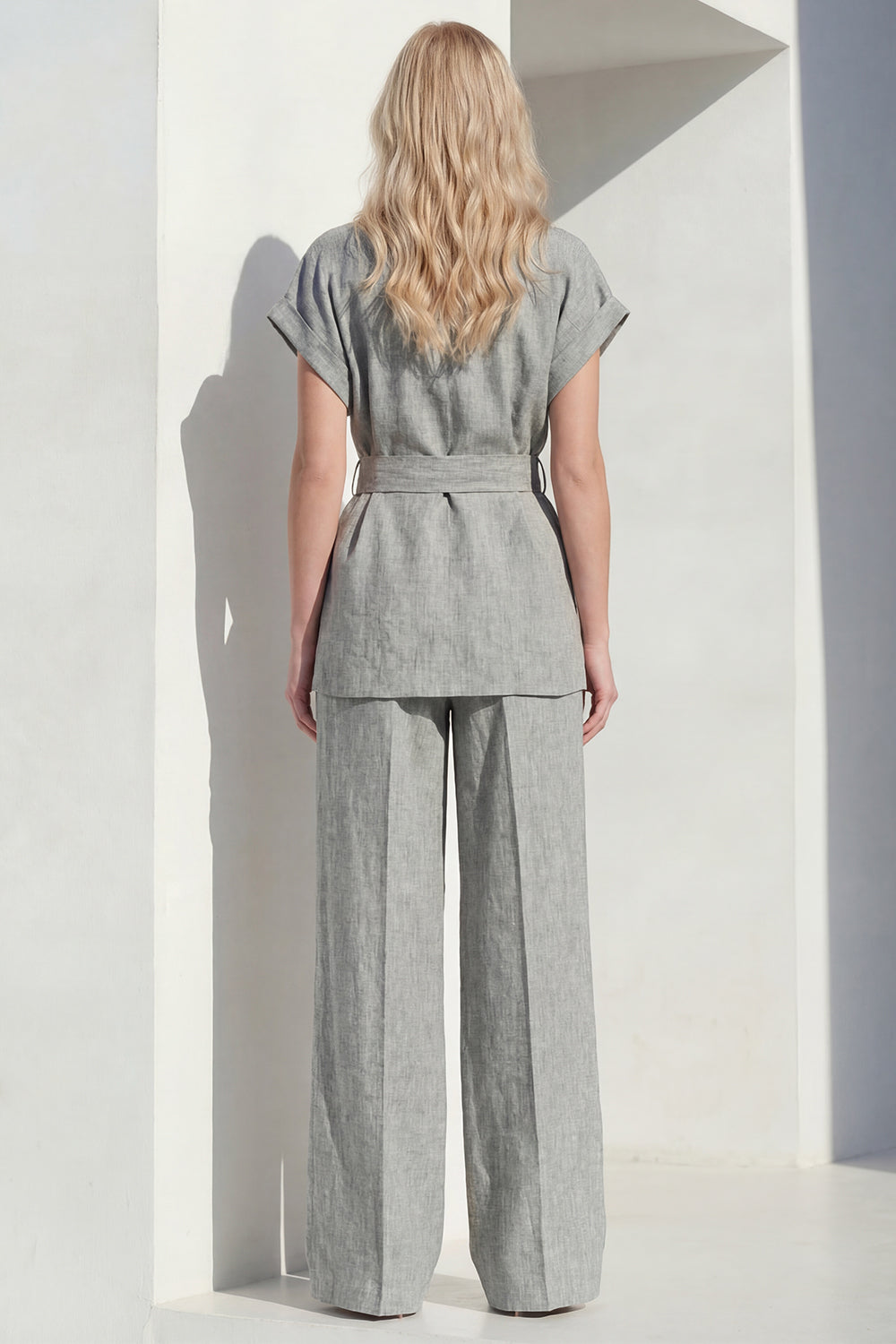 Grey 2 Piece Short Sleeves Wide Leg Women Business Suits with Belt