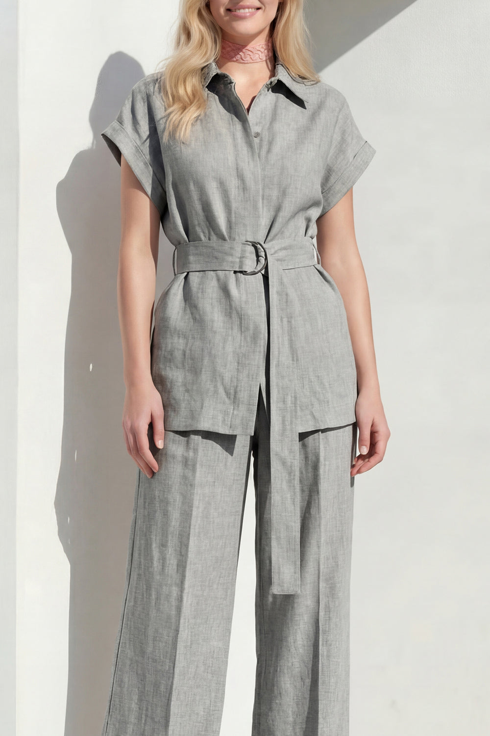 Grey 2 Piece Short Sleeves Wide Leg Women Business Suits with Belt