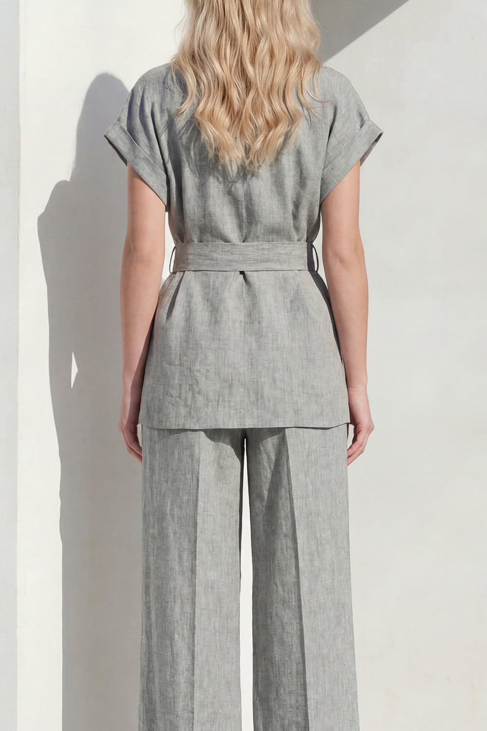 Grey 2 Piece Short Sleeves Wide Leg Women Business Suits with Belt