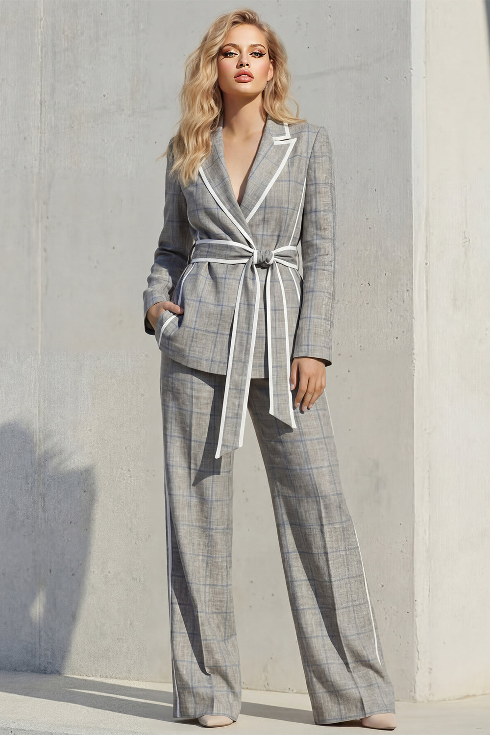 2 Piece Grey Peak Lapel Wide Leg Business Suits with Pockets