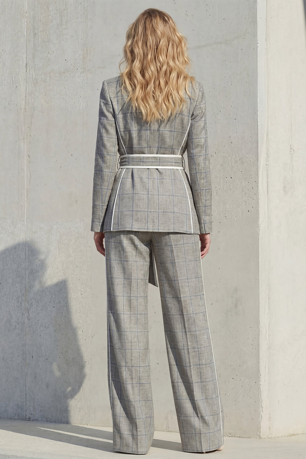2 Piece Grey Peak Lapel Wide Leg Business Suits with Pockets