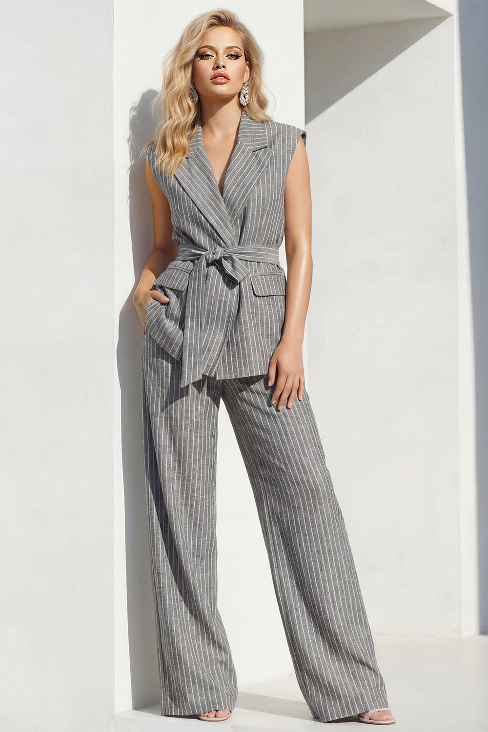 Grey 2 Piece Striped Wide Leg Peak Lapel Women Business Suits with Pockets