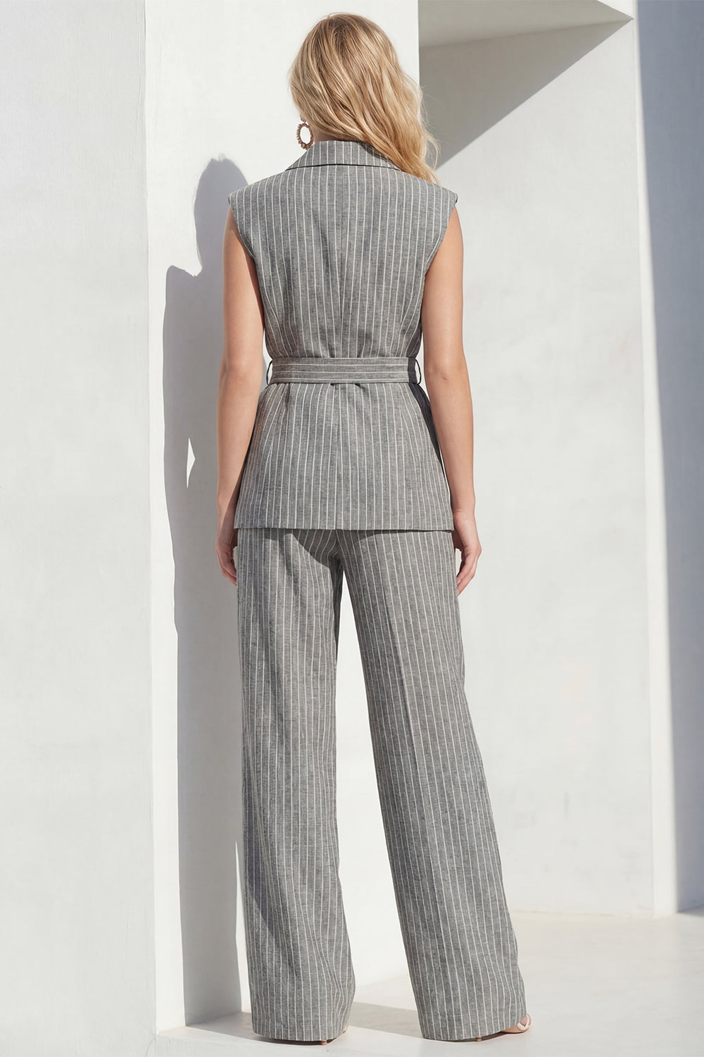 Grey 2 Piece Striped Wide Leg Peak Lapel Women Business Suits with Pockets