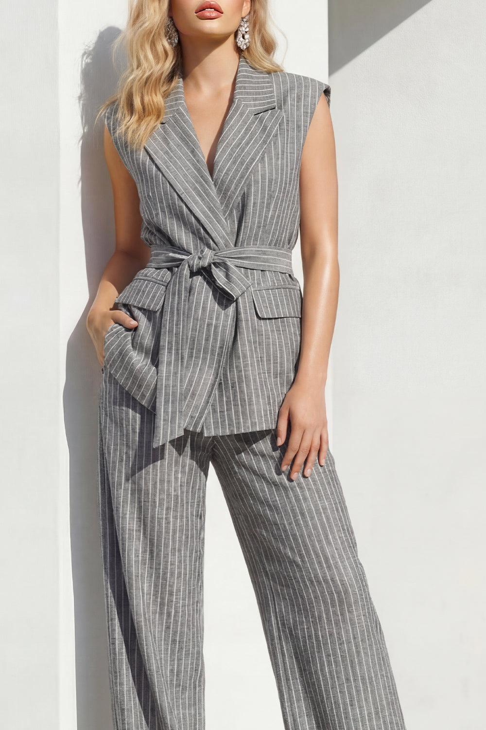 Grey 2 Piece Striped Wide Leg Peak Lapel Women Business Suits with Pockets