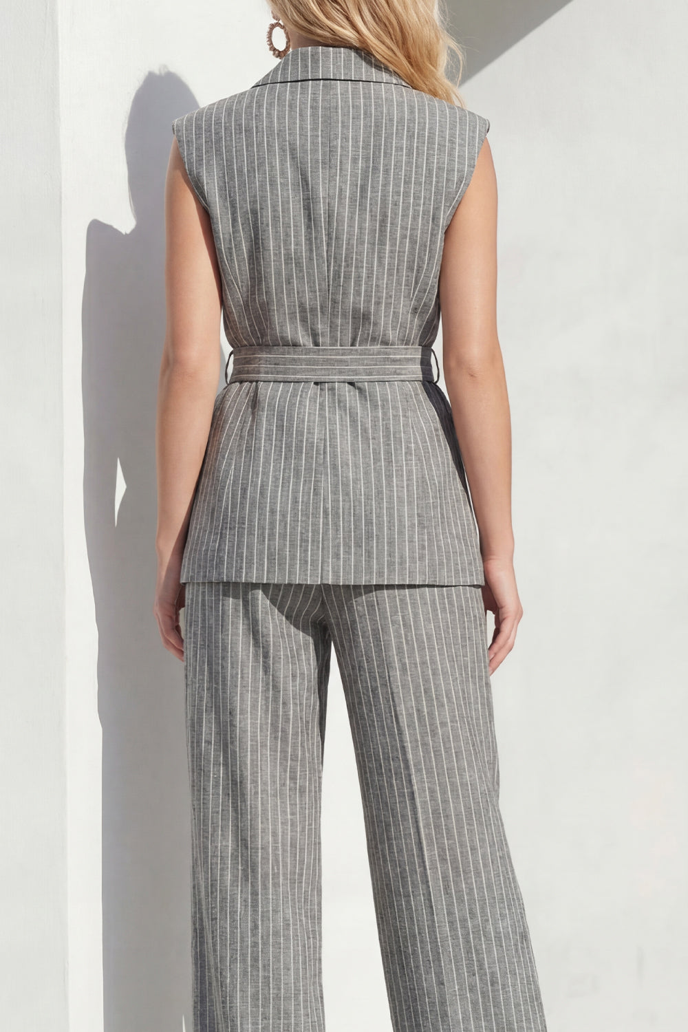 Grey 2 Piece Striped Wide Leg Peak Lapel Women Business Suits with Pockets